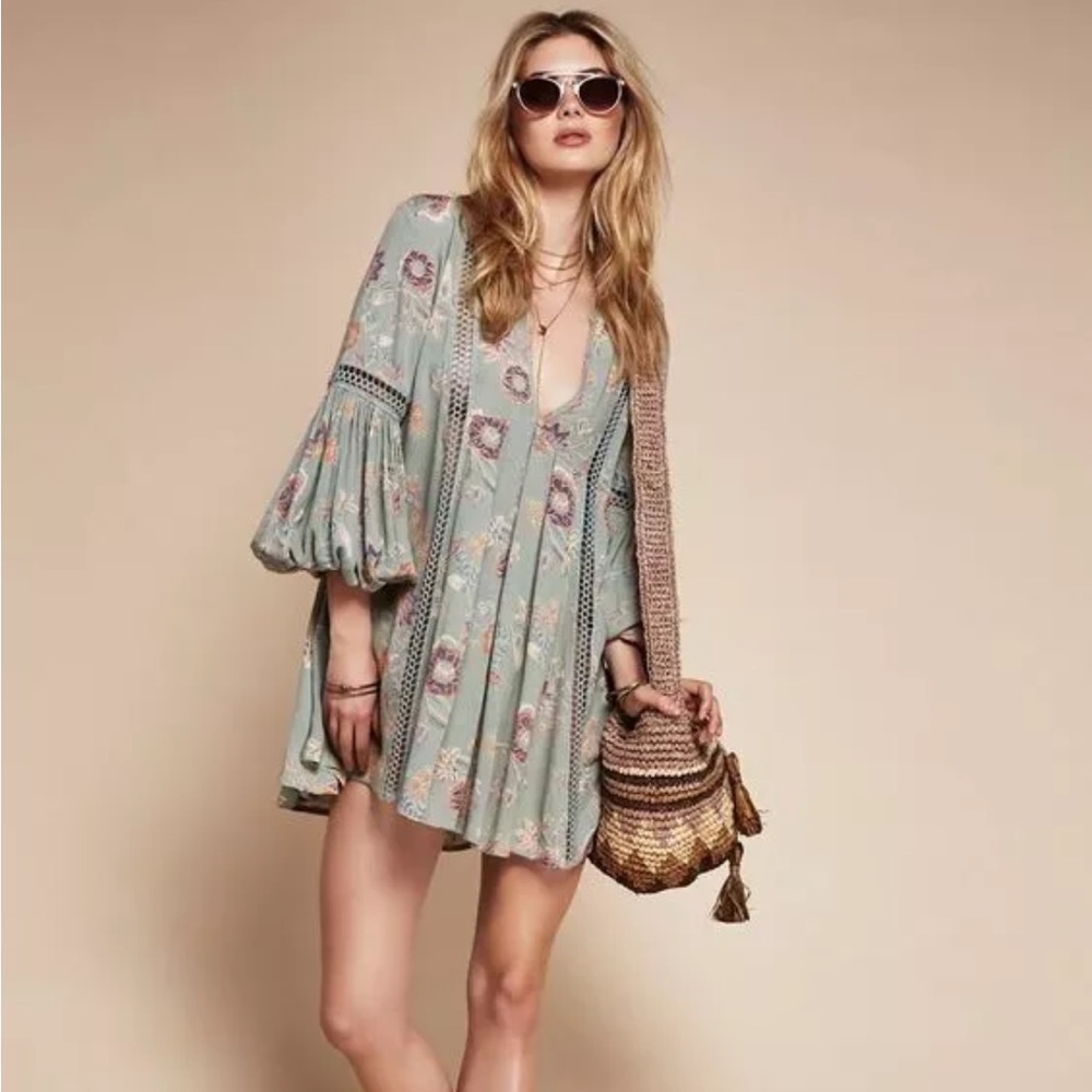 Free People Just the Two of Us Tunic top dress size XS blue green floral print